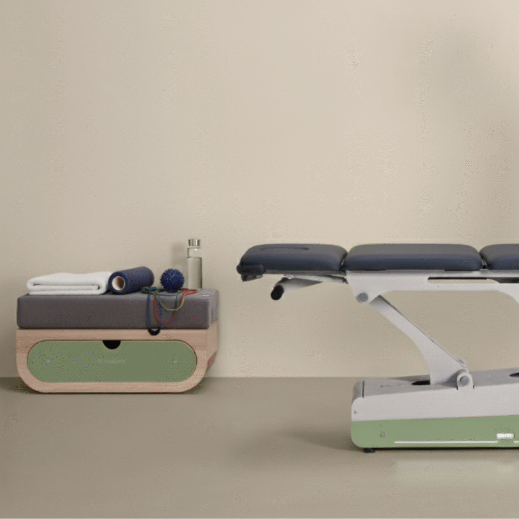 Zorgtafel met accessoires en een minimalistische uitstraling.