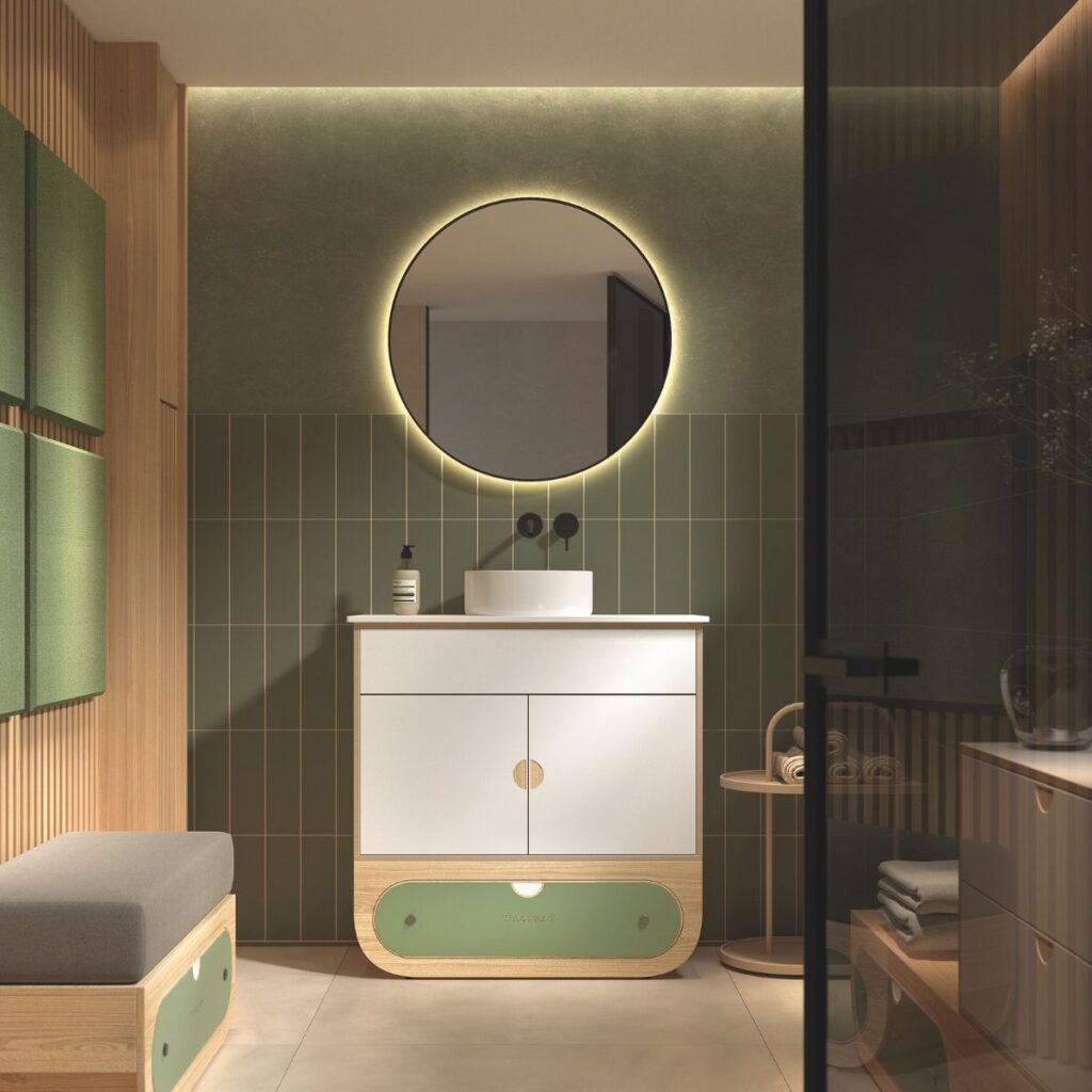 Moderne badkamer met ronde spiegel en houten accenten