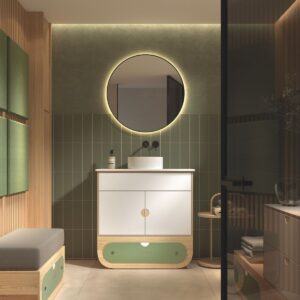 Moderne badkamer met ronde spiegel en houten accenten