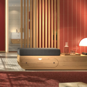 Moderne woonkamer met houten elementen en sfeerverlichting.