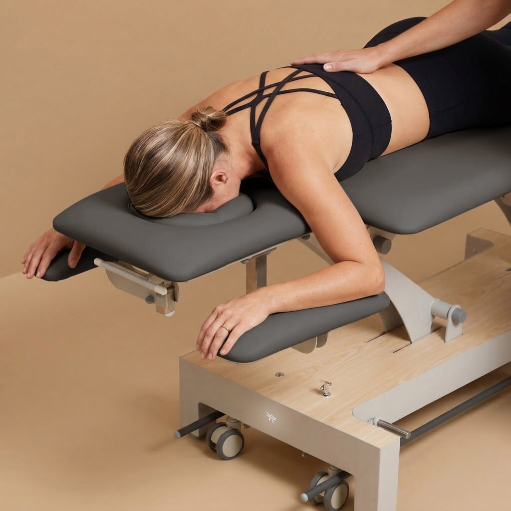 Vrouw ligt op massagetafel tijdens rugbehandeling